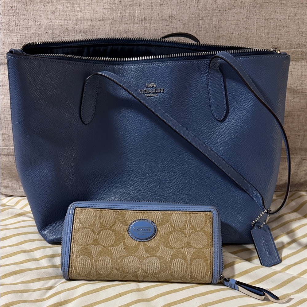 Coach Blue Leather Tote with Signature Canvas Wallet